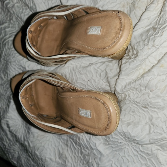 UGG Size 8 White Leather Tan Espadrille Wedge Platform Sandals - Picture 4 of 7